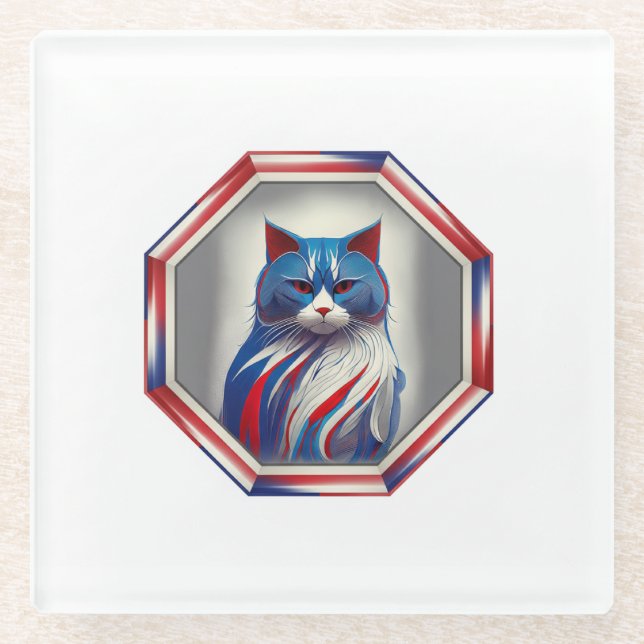 Posavasos De Vidrio Patriotic Red White & Blue Cat In Frame (Anverso)