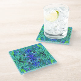 Posavasos De Vidrio Patrón abstracto de follaje azul y chartreuse