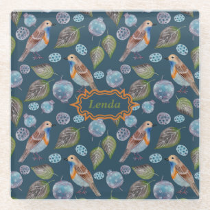 Posavasos De Vidrio Patrón acuarela de aves azules