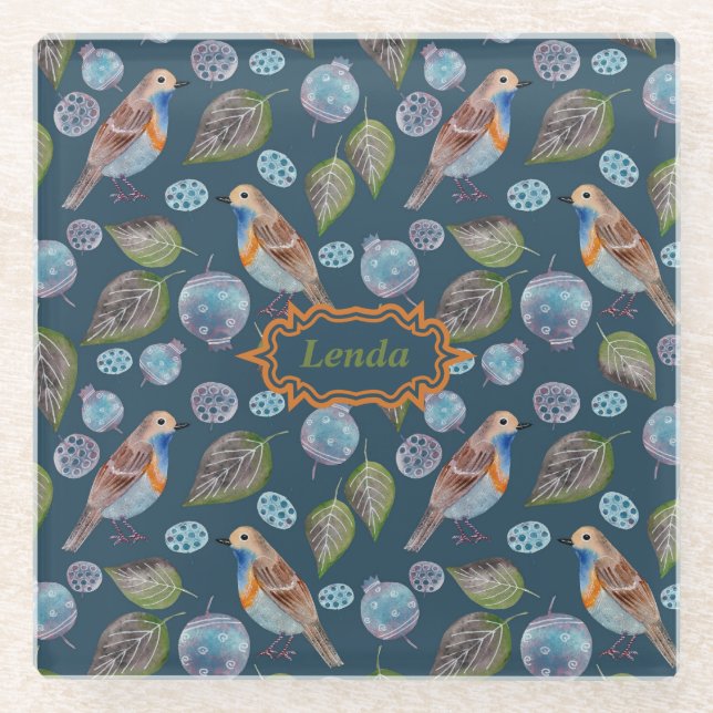 Posavasos De Vidrio Patrón acuarela de aves azules (Anverso)