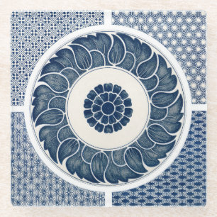 Posavasos De Vidrio Patrón Antiguo de Porcelana Blanca y Azul Chino