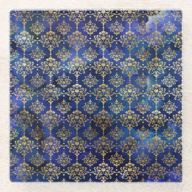 Posavasos De Vidrio Patrón azul acuarela con damasco dorado (Anverso)