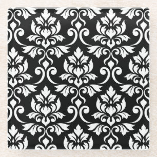 Posavasos De Vidrio Patrón blanco de Feuille Damask en negro