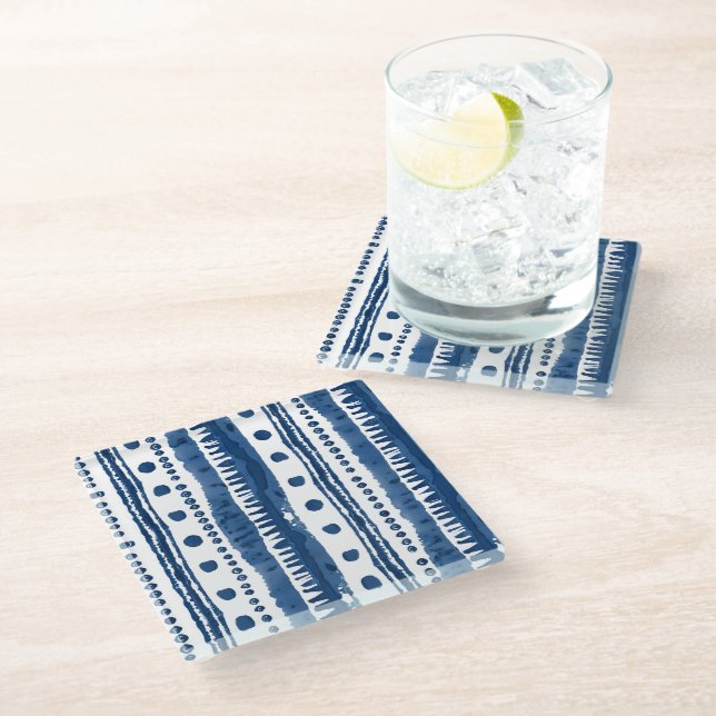 Posavasos De Vidrio Patrón blanco y azul de Sashiko (Angular)