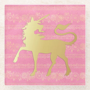 Posavasos De Vidrio Patrón bohemio dorado y rosa & Unicornio