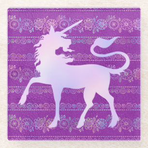 Posavasos De Vidrio Patrón bohemio iridiscente y silueta de unicornio
