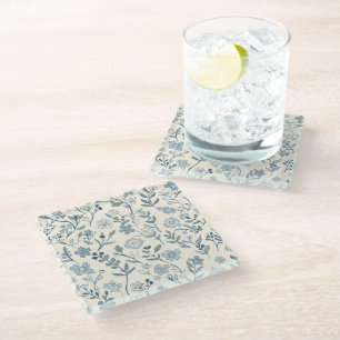 Posavasos De Vidrio Patrón Botánico de Pradera de Flor Silvestre Azul 