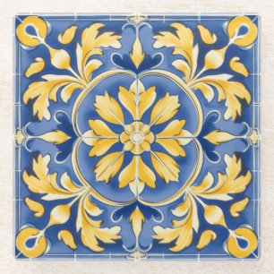 Posavasos De Vidrio Patrón Botánico Mediterráneo - Azul y Amarillo