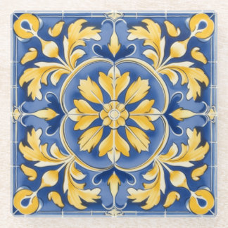 Posavasos De Vidrio Patrón Botánico Mediterráneo - Azul y Amarillo