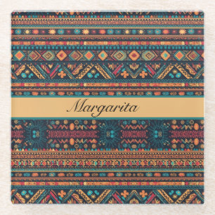 Posavasos De Vidrio Patrón colorido de estilo mexicano