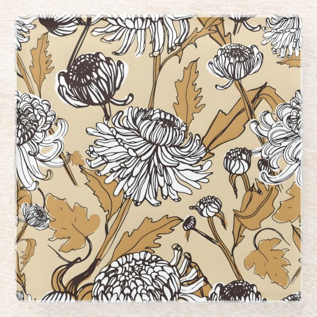 Posavasos De Vidrio Patrón continuo de flores de crisantemo (Anverso)
