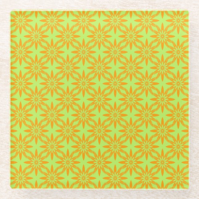 Posavasos De Vidrio Patrón continuo de flores verdes naranjas (Anverso)