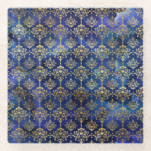 Posavasos De Vidrio Patrón de acuarela azul con damasco dorado