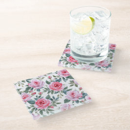 Posavasos De Vidrio Patrón de acuarela Cottagecore floral rosa