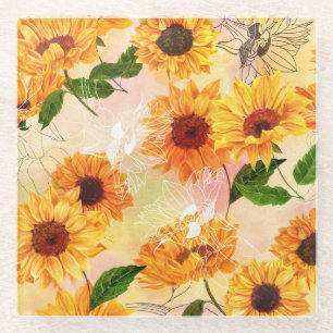 Posavasos De Vidrio Patrón de acuarela de girasoles amarillos dibujado