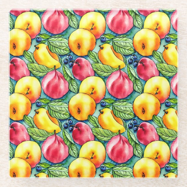 Posavasos De Vidrio Patrón de acuarela de verano de manzana de fruta (Anverso)
