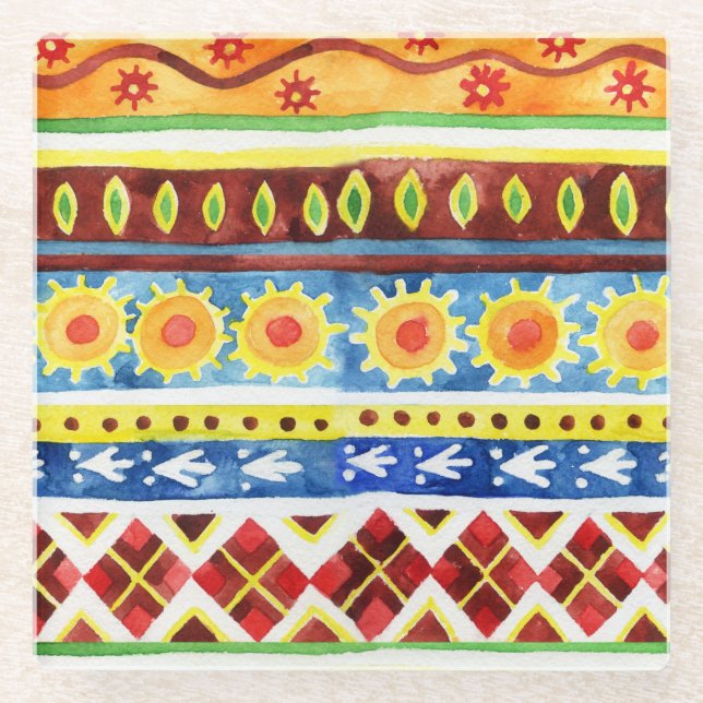 Posavasos De Vidrio Patrón de acuarela étnica pintada a mano (Anverso)
