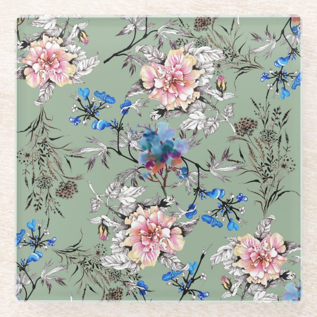 Posavasos De Vidrio Patrón de acuarela floral de fondo verde. (Anverso)