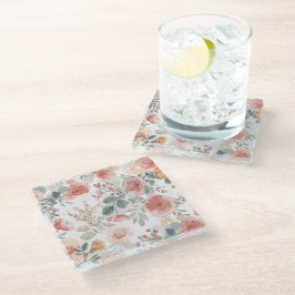 Posavasos De Vidrio Patrón de Acuarela Floral Jardín Coral Rubor