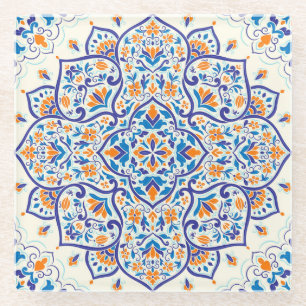 Posavasos De Vidrio Patrón de adorno azul Naranja de lujo