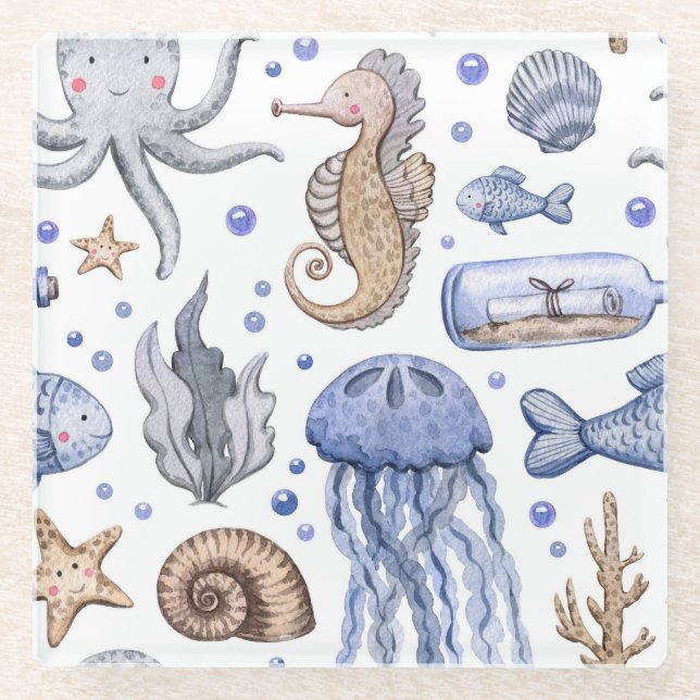 Posavasos De Vidrio Patrón De Agua Pintada A Mano. (Anverso)