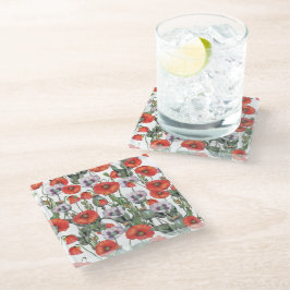 Posavasos De Vidrio Patrón de amapolas rojas y púrpuras