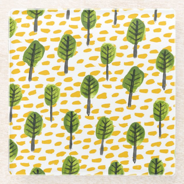 Posavasos De Vidrio Patrón de árbol negro verde Naive (Anverso)