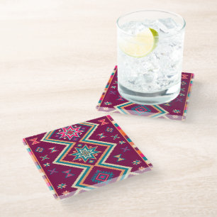 Posavasos De Vidrio Patrón de arte popular geométrico del suroeste de