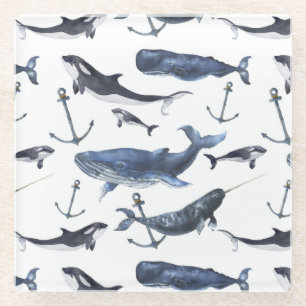 Posavasos De Vidrio Patrón de ballena y ancla acuarela