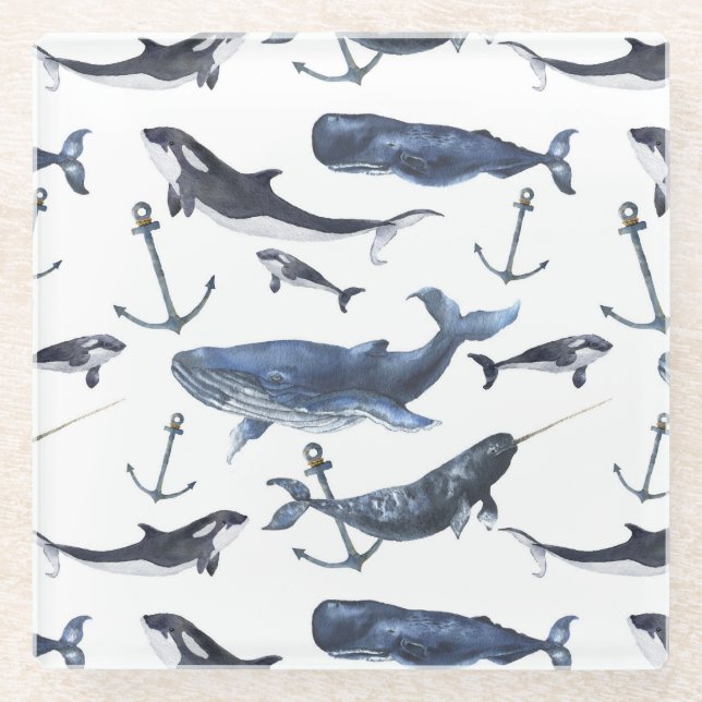 Posavasos De Vidrio Patrón de ballena y ancla acuarela (Anverso)