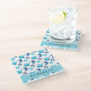 Posavasos De Vidrio Patrón de ballenas, ballenas azules, tu nombre