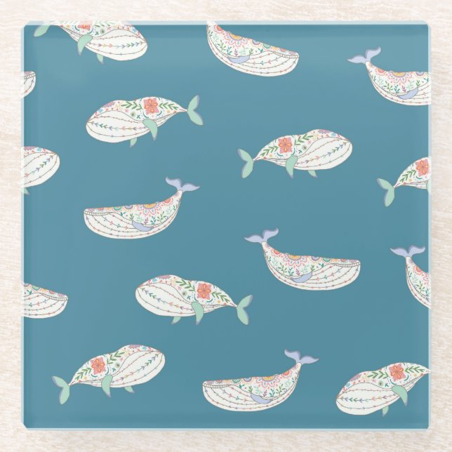 Posavasos De Vidrio Patrón de ballenas escandinavas, animales marinos (Anverso)