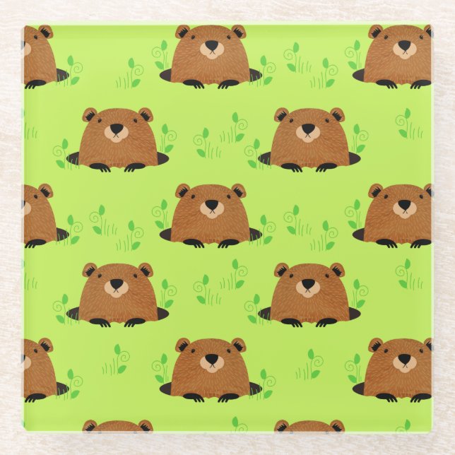 Posavasos De Vidrio Patrón de bosque adorable Groundhog (Anverso)