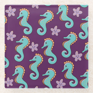 Posavasos De Vidrio Patrón de caballito de mar náutico vintage