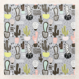 Posavasos De Vidrio Patrón de cactus dibujado a mano