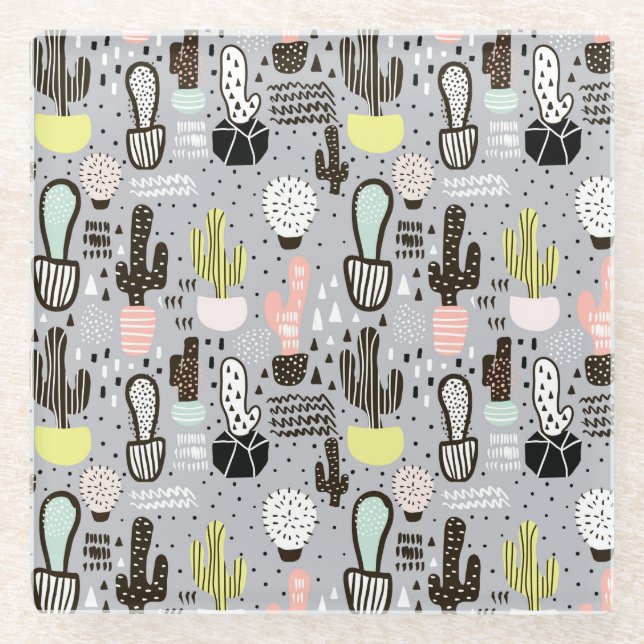 Posavasos De Vidrio Patrón de cactus dibujado a mano (Anverso)