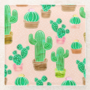 Posavasos De Vidrio Patrón de cactus pulido de mano