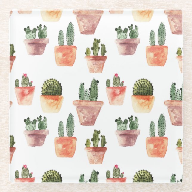Posavasos De Vidrio Patrón de cactus pulido verde marrón (Anverso)