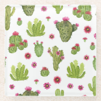 Posavasos De Vidrio Patrón de cactus verde pintado a mano