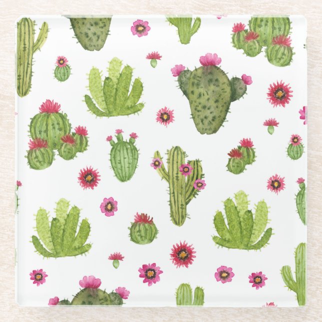 Posavasos De Vidrio Patrón de cactus verde pintado a mano (Anverso)