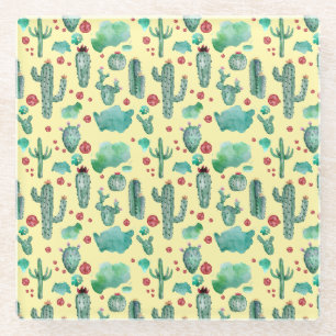 Posavasos De Vidrio patrón de cactus y ladybug - fondo amarillo