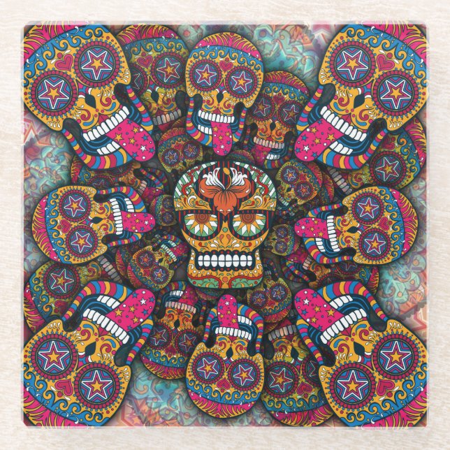 Posavasos De Vidrio Patrón de calaveras azucareras (Anverso)