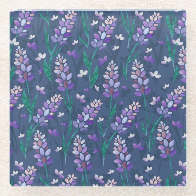 Posavasos De Vidrio Patrón de campos de lavanda en morado (Anverso)