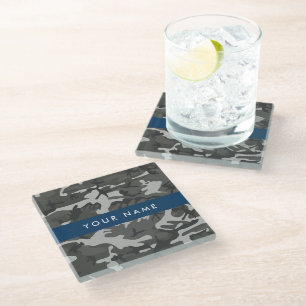 Posavasos De Vidrio Patrón de camuflaje gris, tu nombre, Personaliza