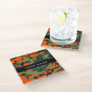 Posavasos De Vidrio Patrón de camuflaje naranja, tu nombre, personaliz