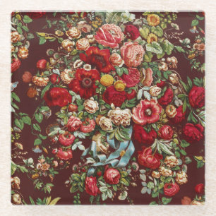 Posavasos De Vidrio Patrón de cinta floral de rosa victoriana borgoña