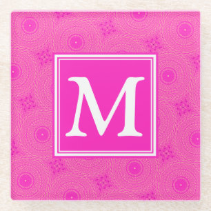 Posavasos De Vidrio Patrón de círculos rosados calientes de monograma