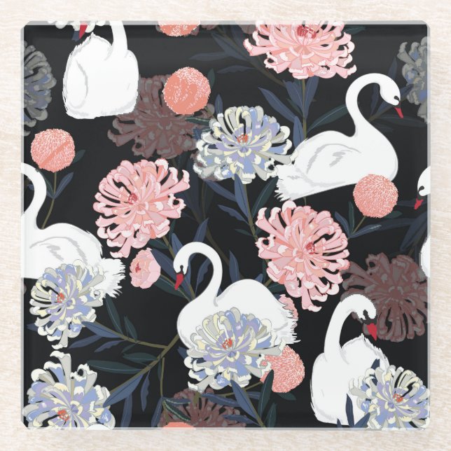 Posavasos De Vidrio Patrón de cisne de flores en flor oriental (Anverso)