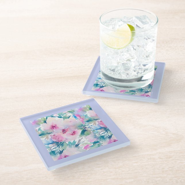Posavasos De Vidrio Patrón de collage de flores rosas y azules (Angular)