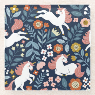 Posavasos De Vidrio Patrón de cosecha de unicornios florales